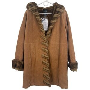 ✨ NWT Vintage Dennis Basso Suede Leather Faux Fur Lined Hooded Heavy Coat Medium